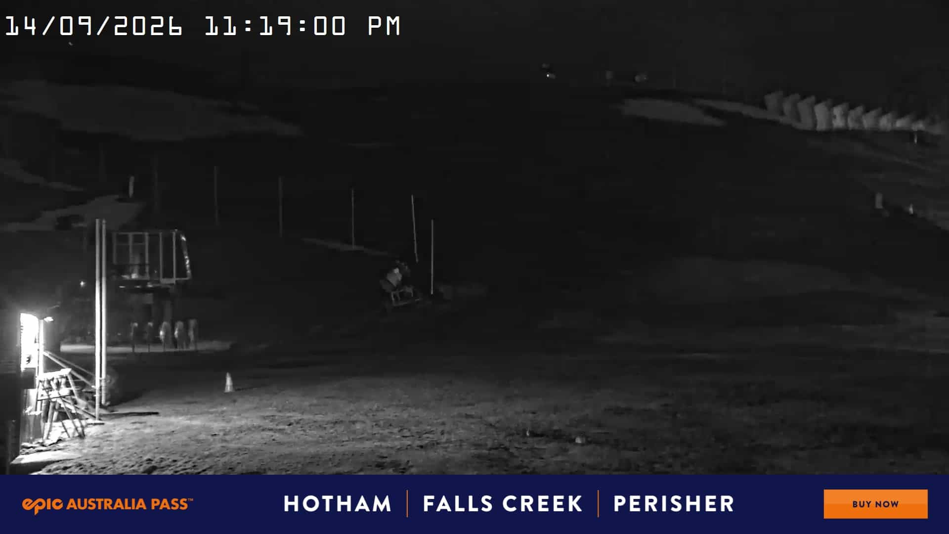 Mt Hotham Summit Trainer webcam frame captured 14 September 2026 at 11:19 pm AEST