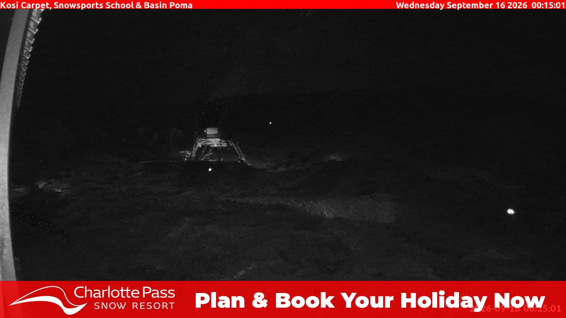 Charlotte Pass Kosi Carpet, Snowsports School and Basin Poma webcam frame captured 16 September 2026 at 12:15 am AEST