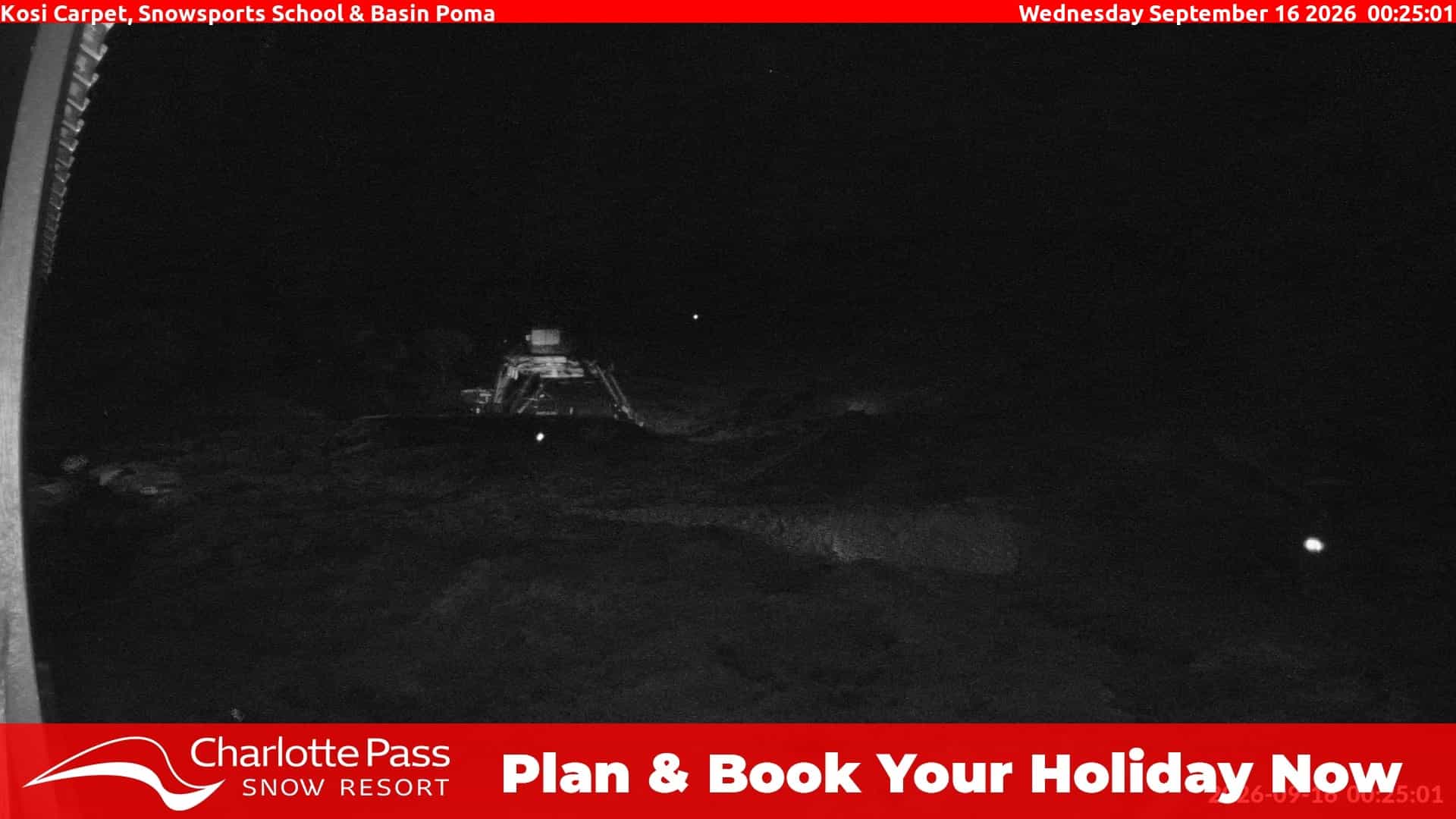 Charlotte Pass Kosi Carpet, Snowsports School and Basin Poma webcam frame captured 16 September 2026 at 12:26 am AEST