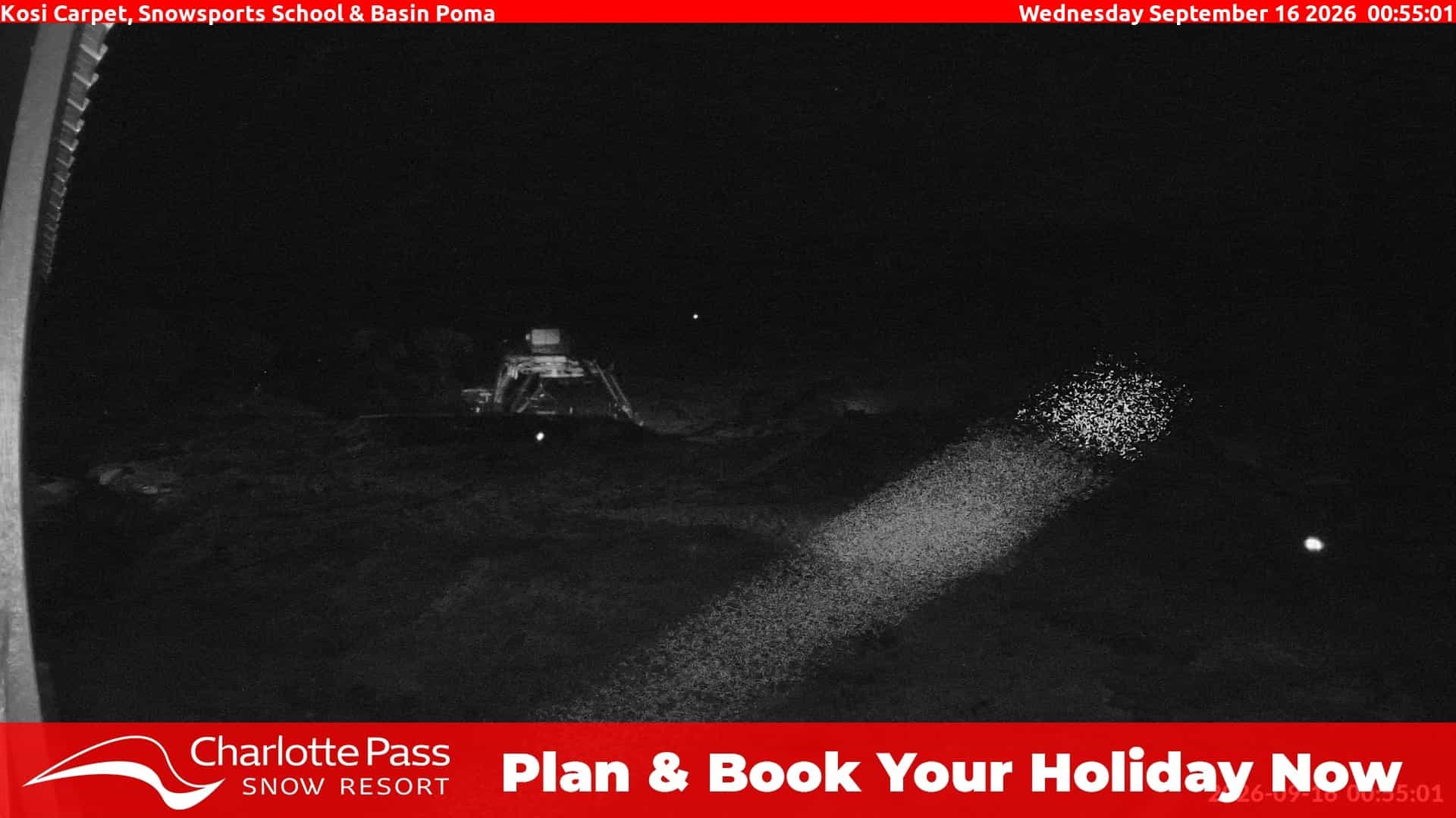 Charlotte Pass Kosi Carpet, Snowsports School and Basin Poma webcam frame captured 16 September 2026 at 12:59 am AEST