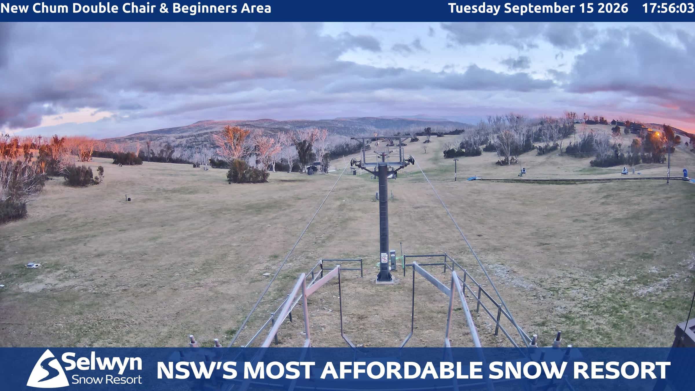 Selwyn Snow Resort New Chum Double Chair and Beginners Area webcam frame captured 15 September 2026 at 6:06 pm AEST