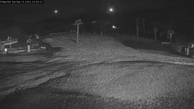 Thredbo Friday Flat Live webcam frame captured 13 September 2026 at 8:10 pm AEST