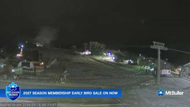 Mt Buller Bourke Street Live webcam frame captured 16 September 2026 at 12:23 am AEST