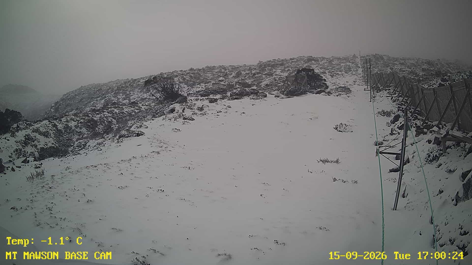 Mt Mawson Base Cam #1 webcam frame captured 15 September 2026 at 5:05 pm AEST