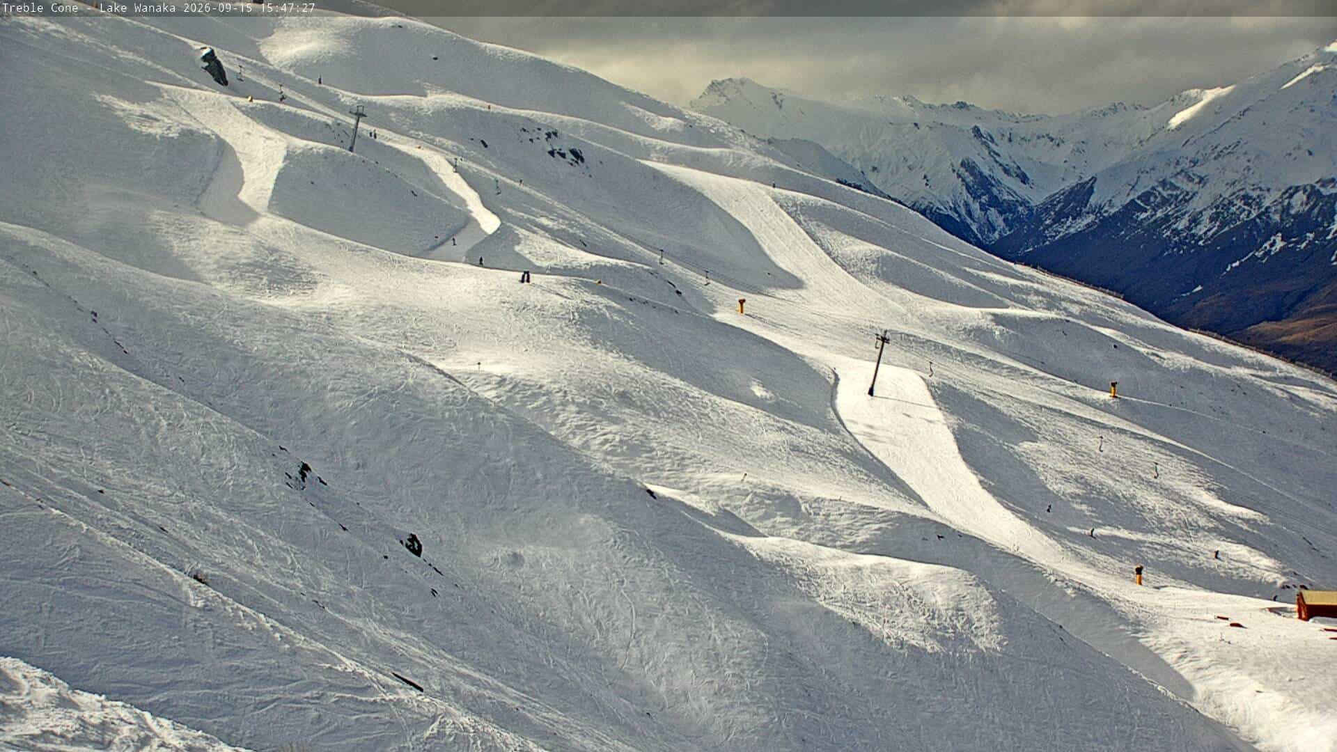 Treble Cone Home Basin Close-up webcam frame captured 15 September 2026 at 3:31 pm NZST