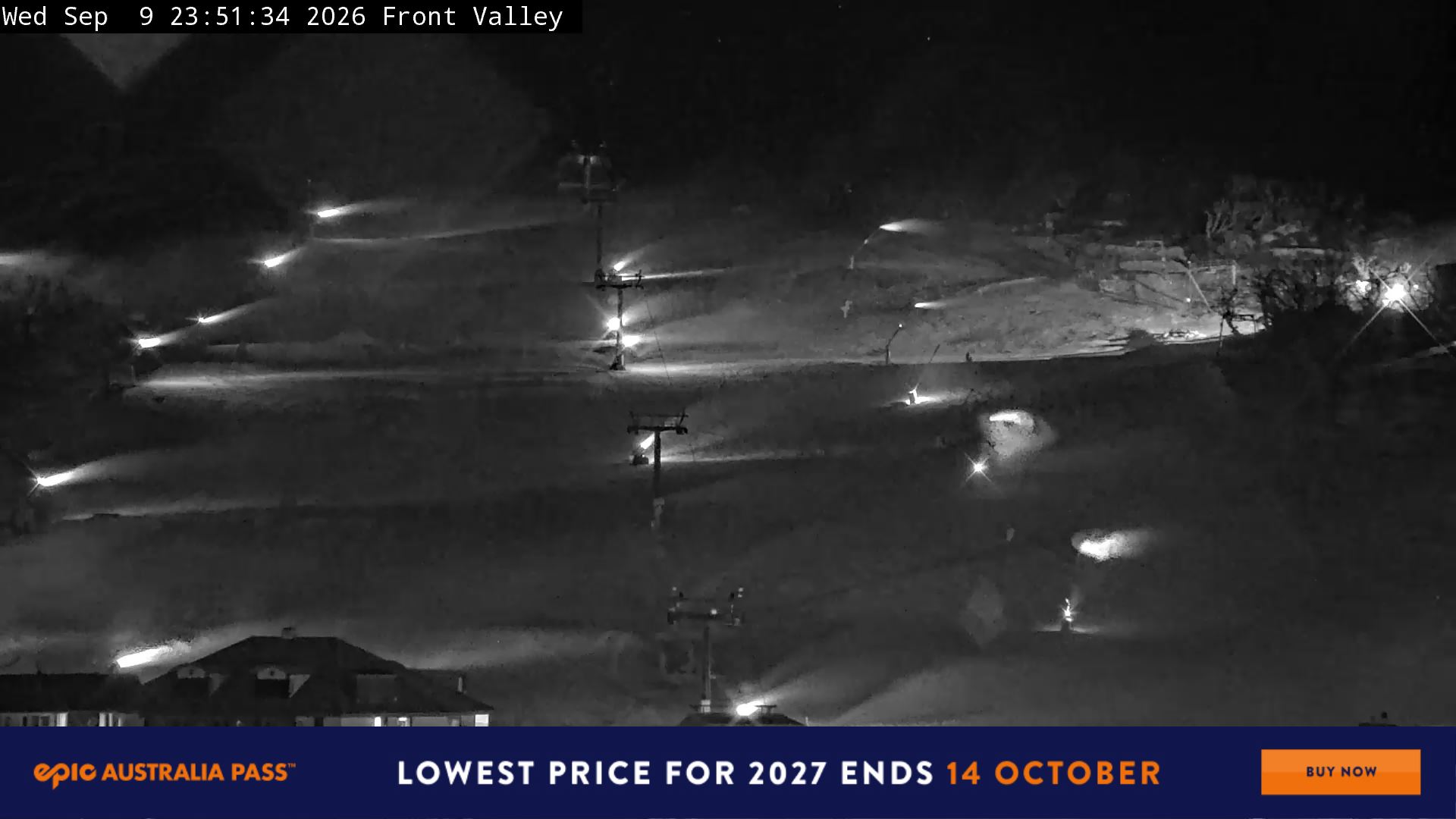 Perisher Front Valley snow cam captured at 9 September 2026 at 11:59 pm AEST