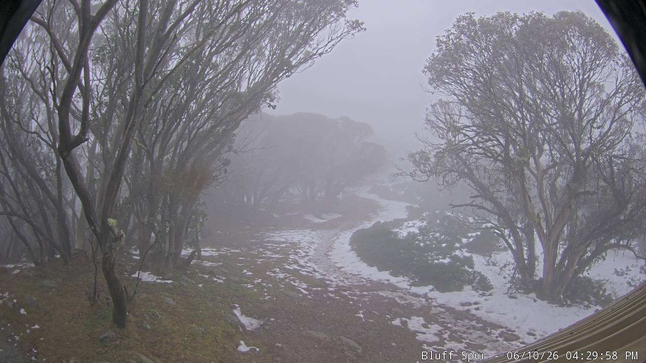 Mt Stirling Bluff Spur snow cam captured at 10 June 2026 at 6:02 pm AEST