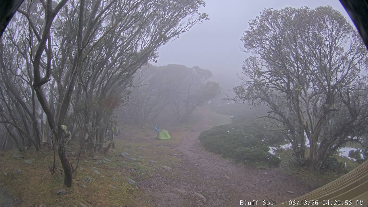 Mt Stirling Bluff Spur snow cam captured at 13 June 2026 at 4:32 pm AEST