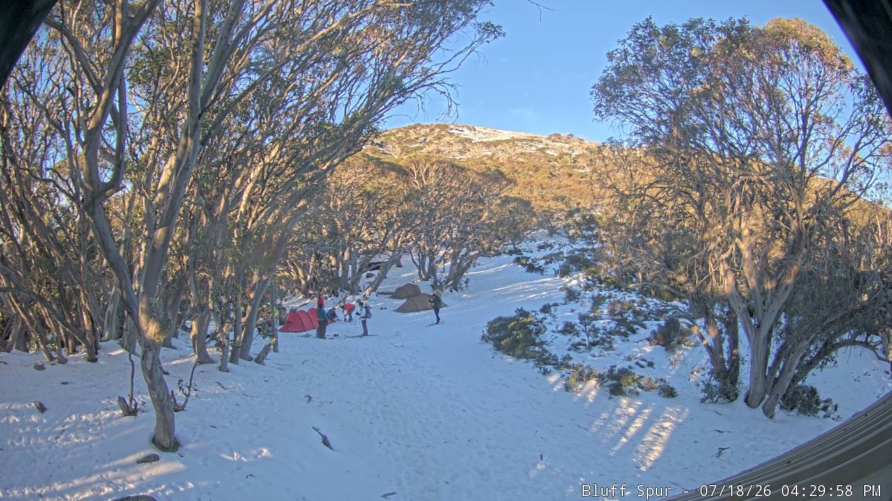 Mt Stirling Bluff Spur snow cam captured at 18 July 2026 at 4:37 pm AEST
