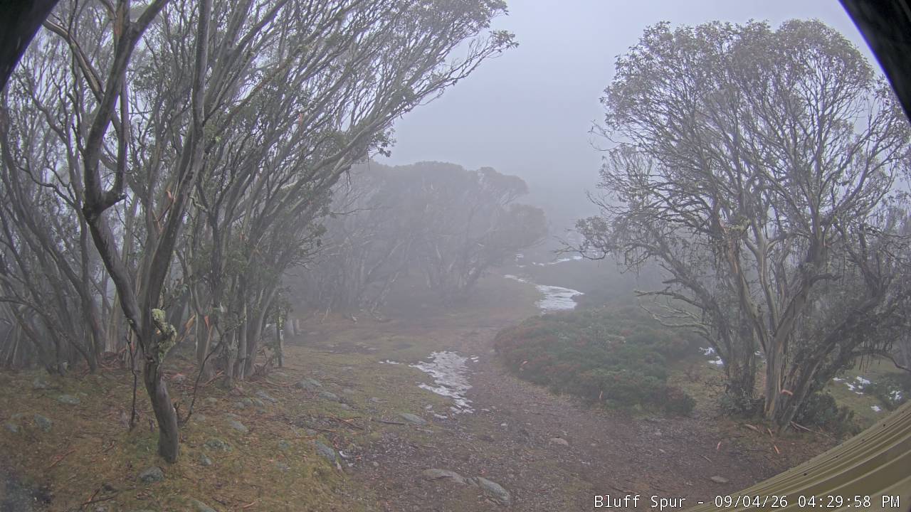 Mt Stirling Bluff Spur snow cam captured at 4 September 2026 at 4:32 pm AEST