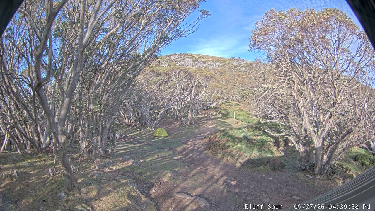 Mt Stirling Bluff Spur snow cam captured at 27 September 2026 at 6:20 pm AEST