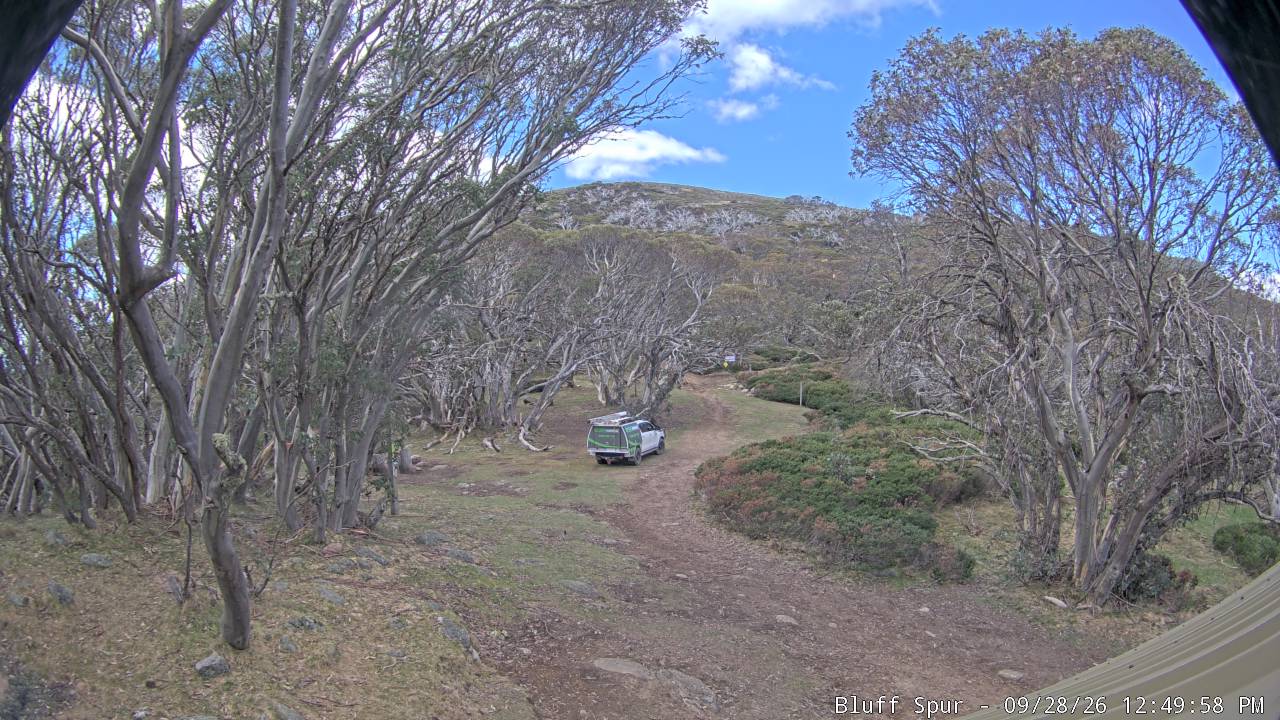 Mt Stirling Bluff Spur snow cam captured at 28 September 2026 at 12:50 pm AEST