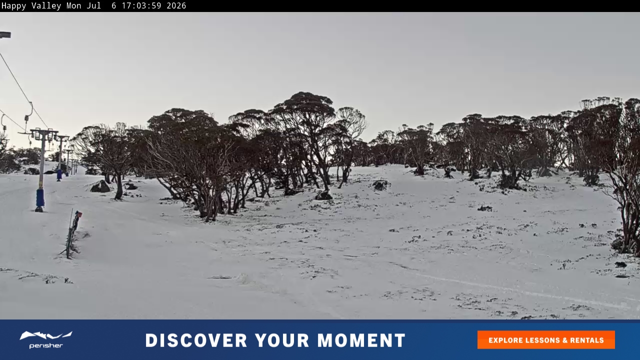 Perisher Happy Valley snow cam captured at 6 July 2026 at 5:09 pm AEST