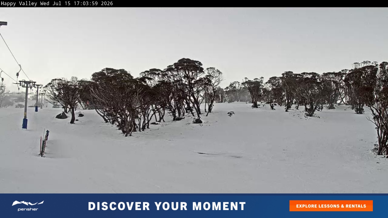 Perisher Happy Valley snow cam captured at 15 July 2026 at 5:07 pm AEST
