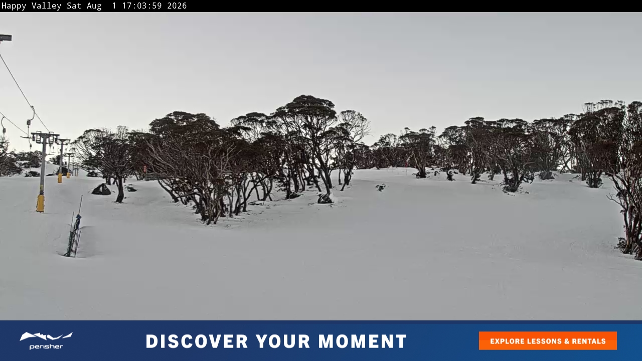 Perisher Happy Valley snow cam captured at 1 August 2026 at 5:08 pm AEST