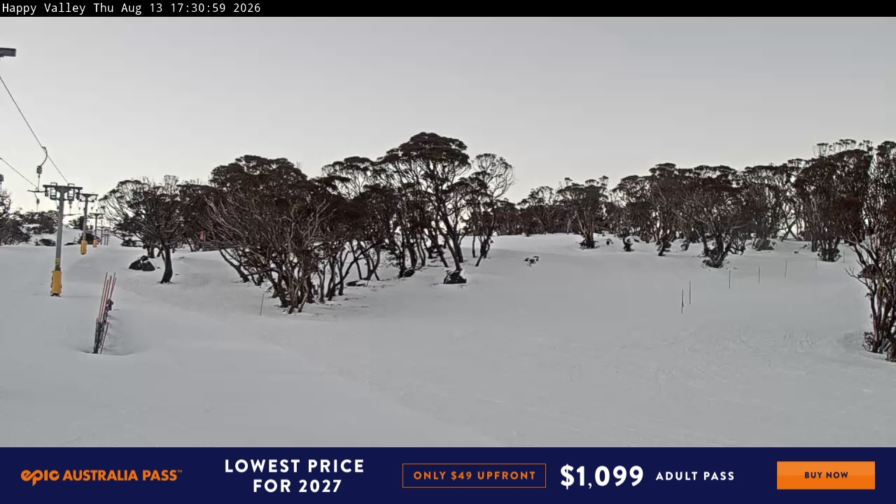 Perisher Happy Valley snow cam captured at 13 August 2026 at 5:40 pm AEST