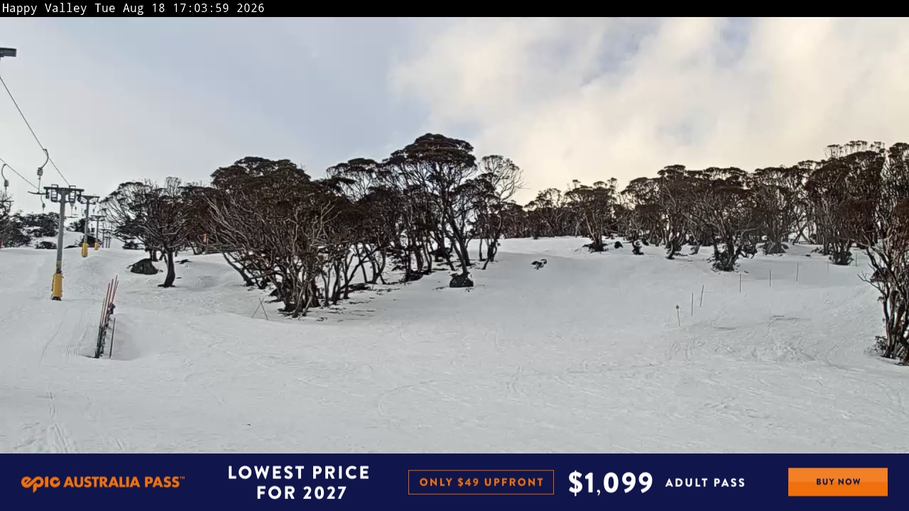 Perisher Happy Valley snow cam captured at 18 August 2026 at 5:11 pm AEST