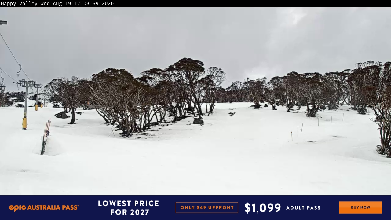 Perisher Happy Valley snow cam captured at 19 August 2026 at 5:12 pm AEST