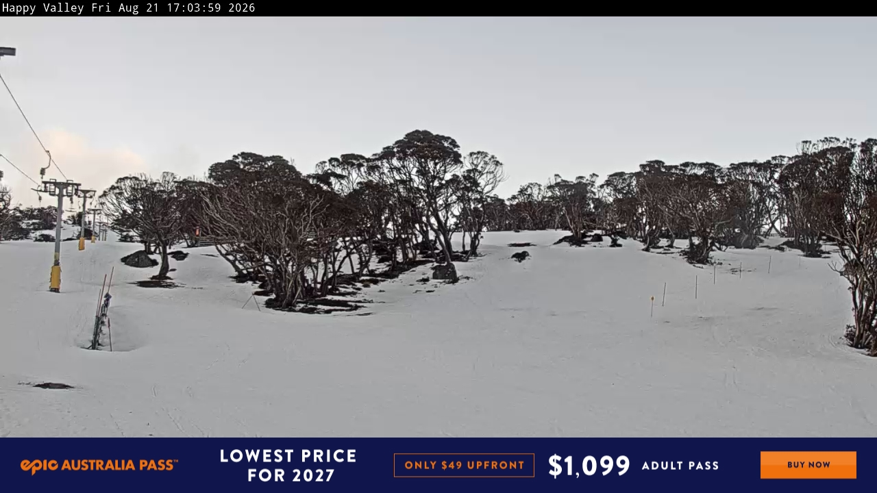 Perisher Happy Valley snow cam captured at 21 August 2026 at 5:14 pm AEST