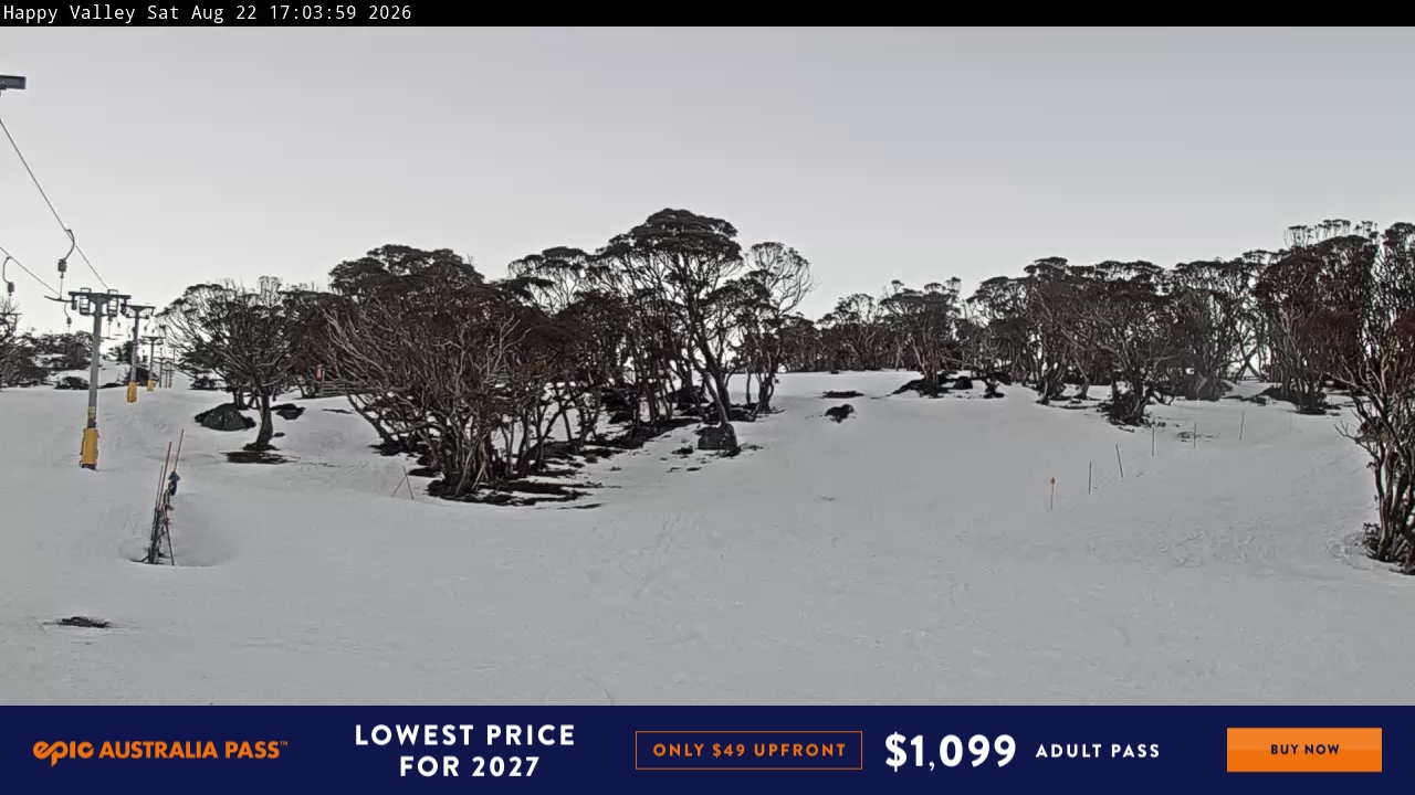 Perisher Happy Valley snow cam captured at 22 August 2026 at 5:04 pm AEST