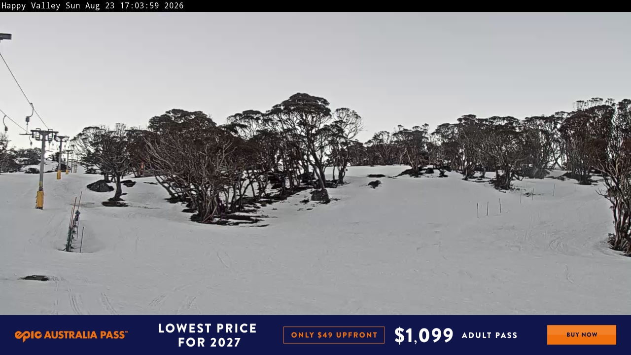 Perisher Happy Valley snow cam captured at 23 August 2026 at 5:05 pm AEST