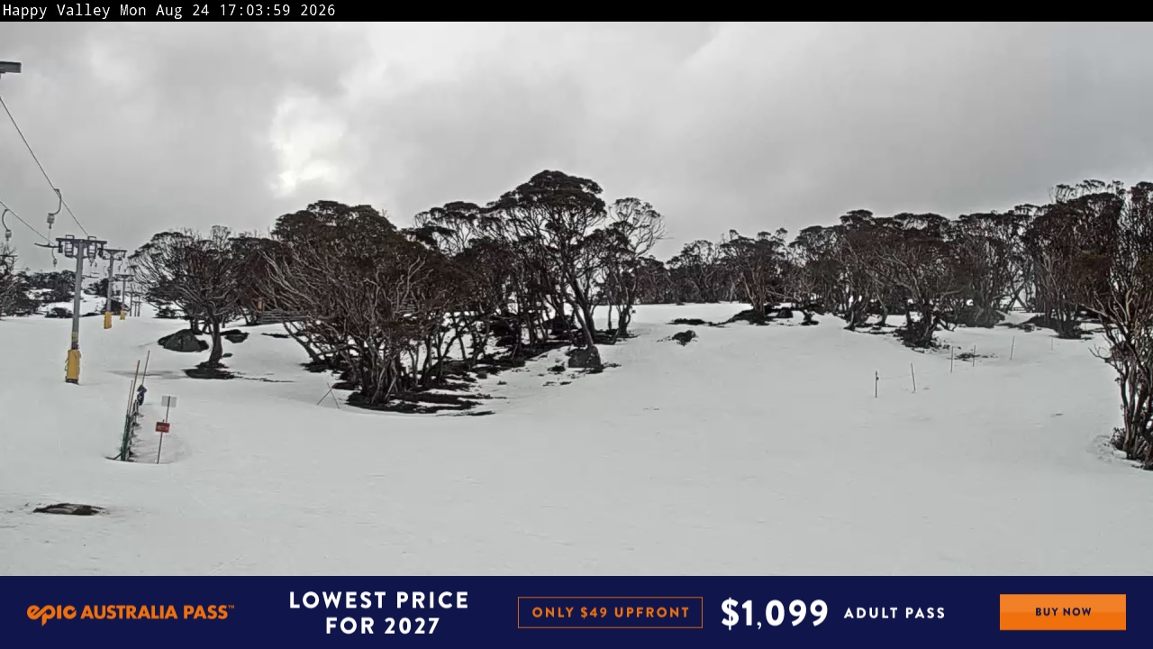Perisher Happy Valley snow cam captured at 24 August 2026 at 5:06 pm AEST