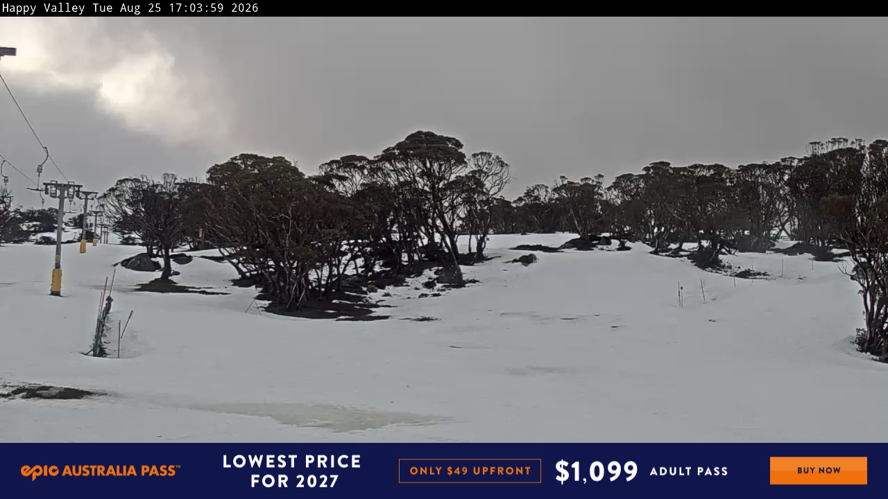 Perisher Happy Valley snow cam captured at 25 August 2026 at 5:07 pm AEST