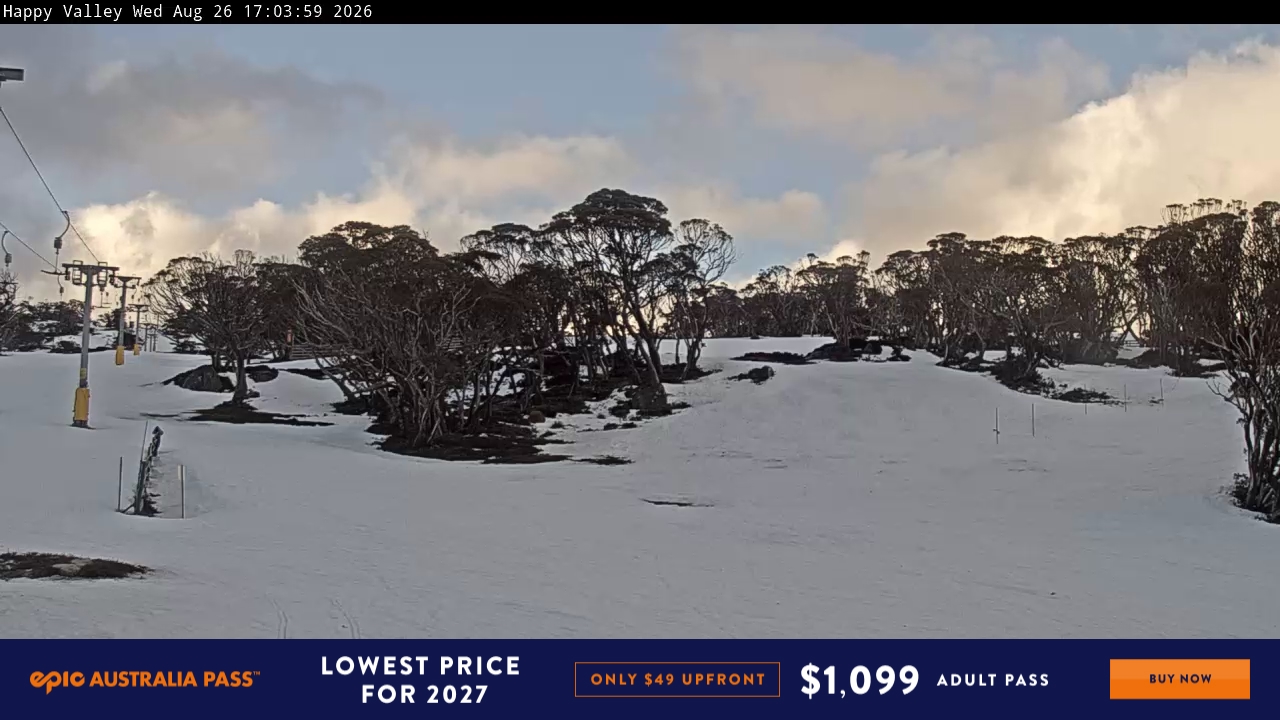 Perisher Happy Valley snow cam captured at 26 August 2026 at 5:08 pm AEST