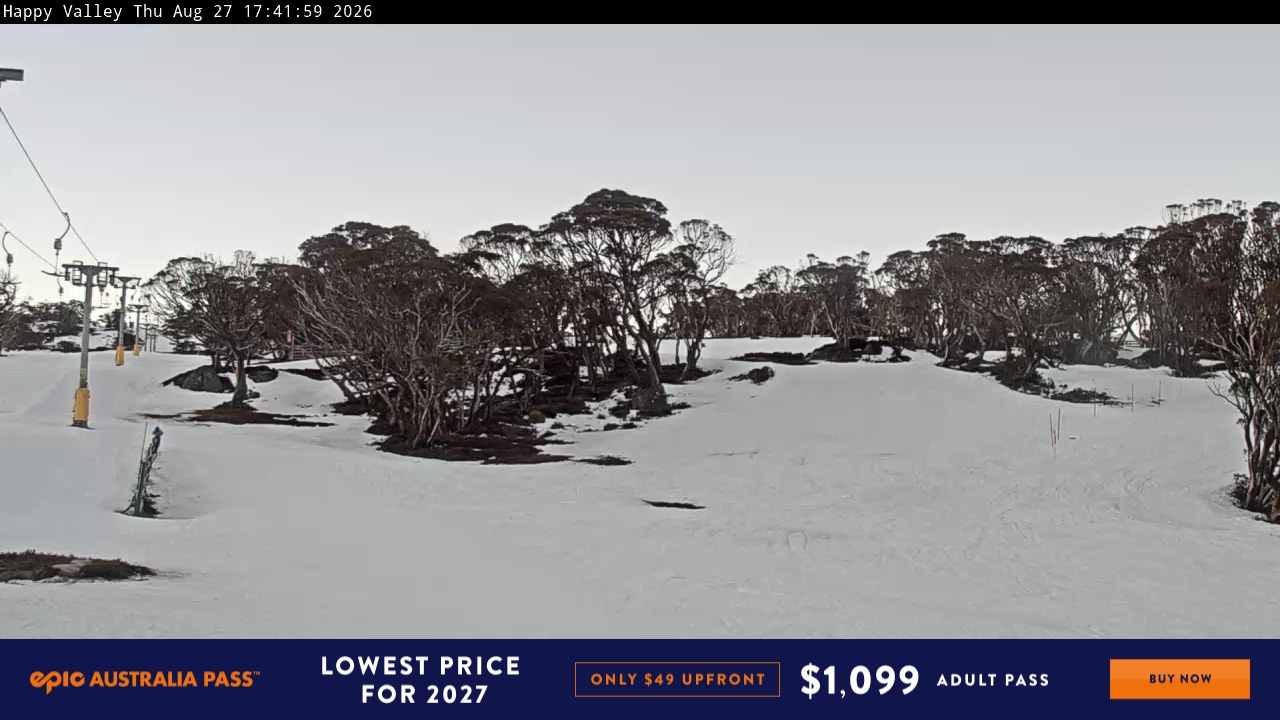 Perisher Happy Valley snow cam captured at 27 August 2026 at 5:42 pm AEST