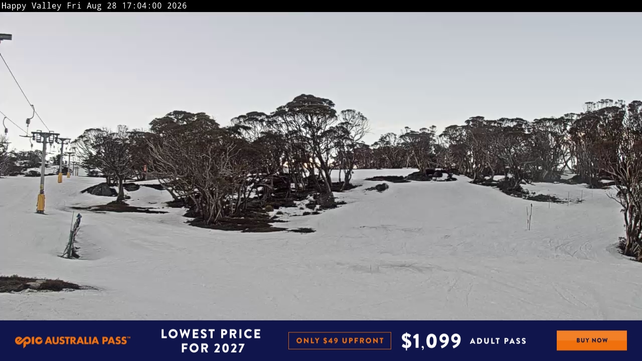 Perisher Happy Valley snow cam captured at 28 August 2026 at 5:10 pm AEST
