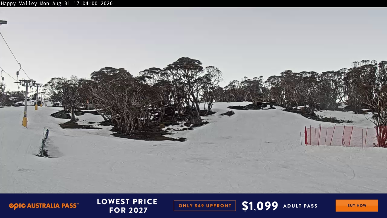 Perisher Happy Valley snow cam captured at 31 August 2026 at 5:13 pm AEST