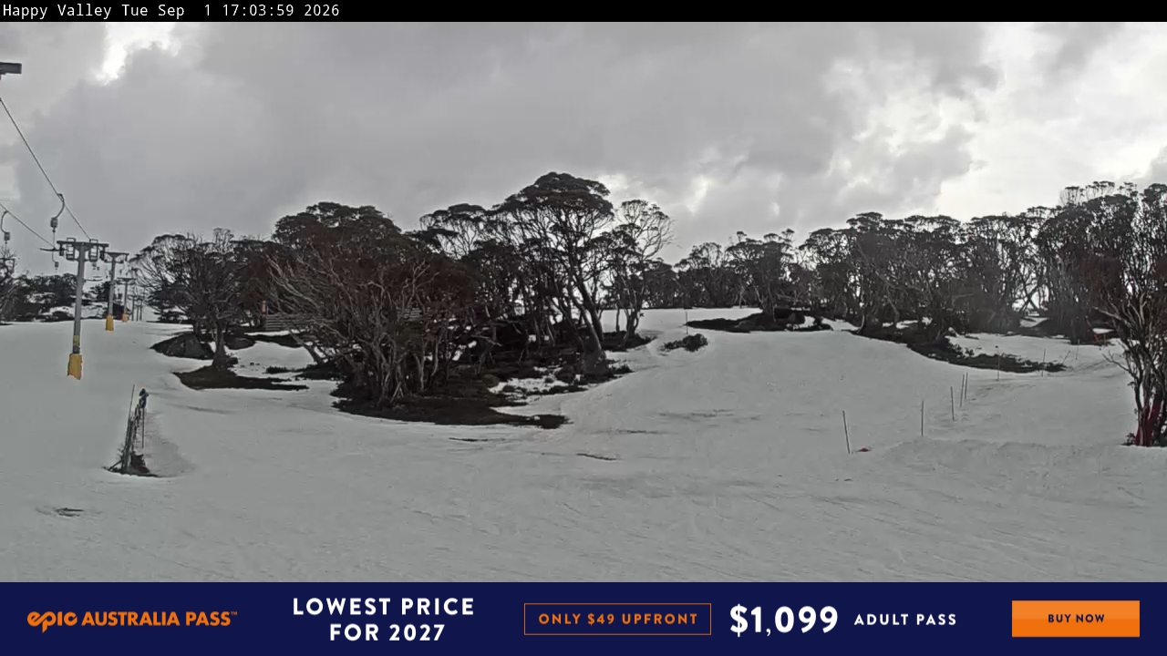 Perisher Happy Valley snow cam captured at 1 September 2026 at 5:41 pm AEST