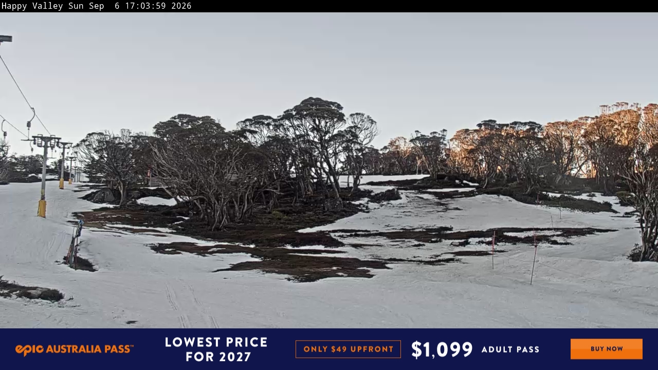 Perisher Happy Valley snow cam captured at 6 September 2026 at 5:04 pm AEST