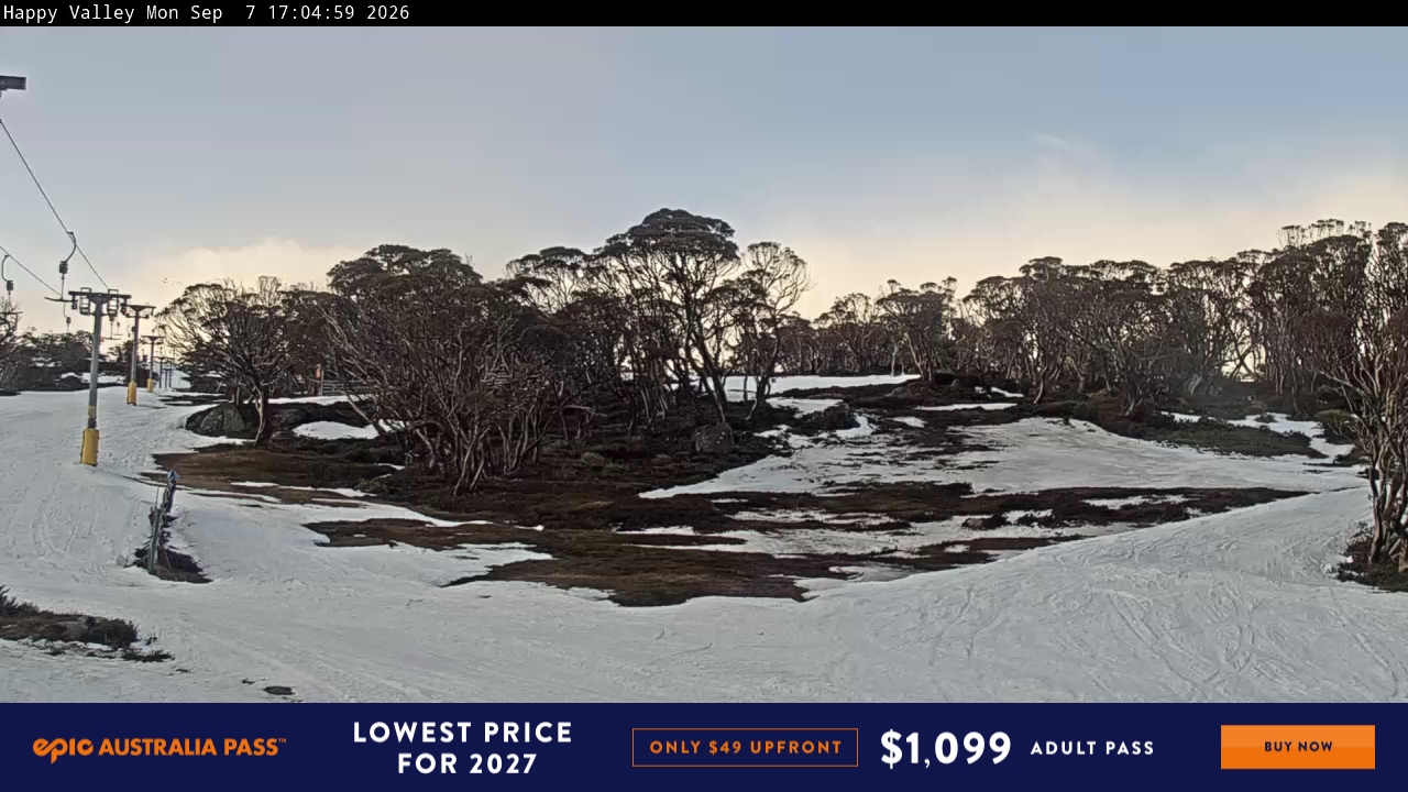 Perisher Happy Valley snow cam captured at 7 September 2026 at 5:13 pm AEST