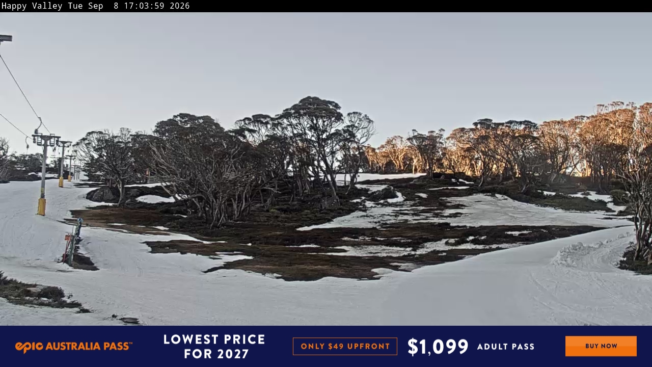 Perisher Happy Valley snow cam captured at 8 September 2026 at 5:13 pm AEST