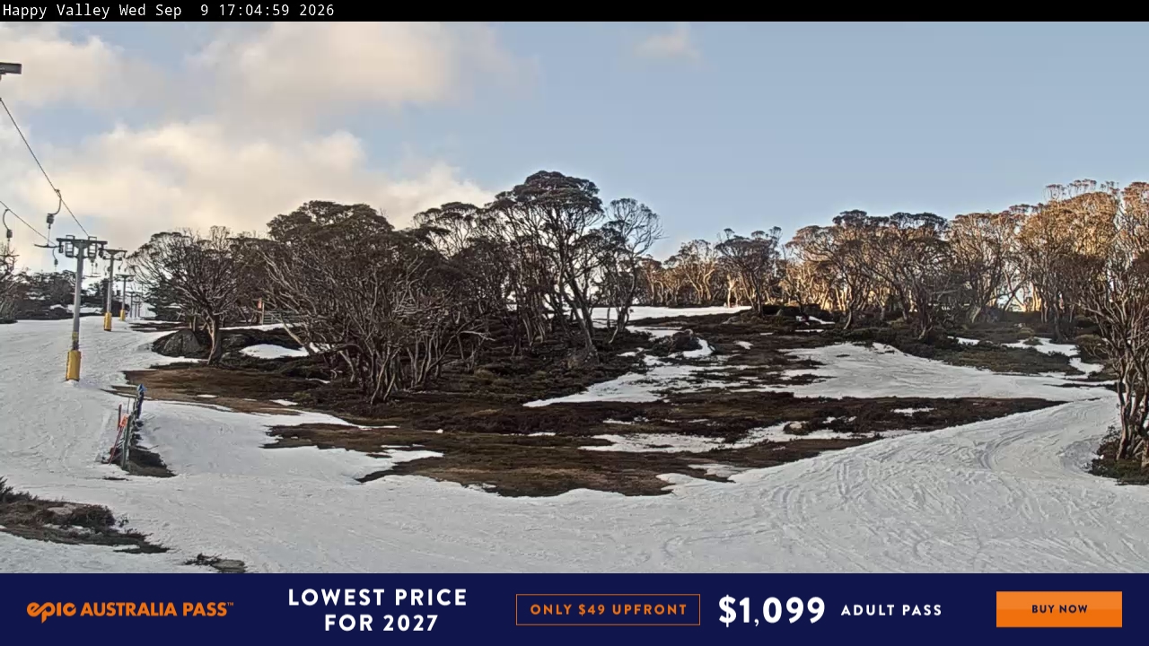 Perisher Happy Valley snow cam captured at 9 September 2026 at 5:14 pm AEST