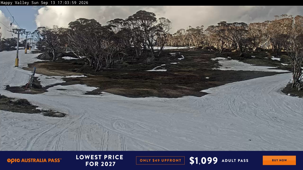 Perisher Happy Valley snow cam captured at 13 September 2026 at 5:10 pm AEST