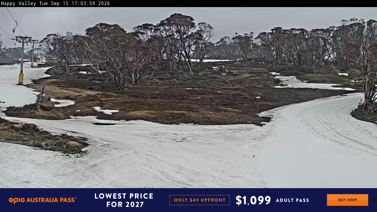 Perisher Happy Valley snow cam captured at 15 September 2026 at 5:08 pm AEST