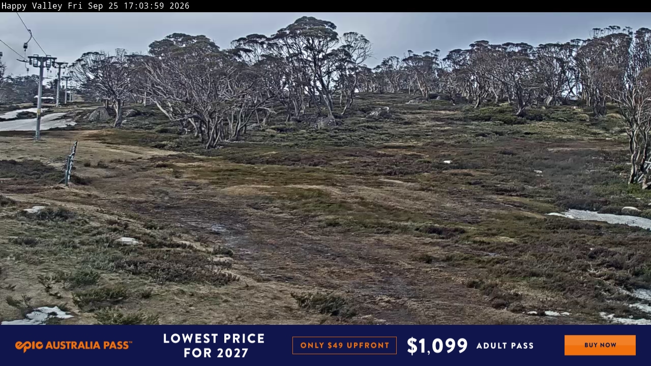 Perisher Happy Valley snow cam captured at 25 September 2026 at 5:15 pm AEST
