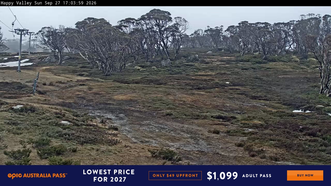 Perisher Happy Valley snow cam captured at 27 September 2026 at 6:21 pm AEST