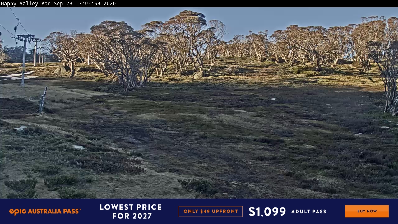 Perisher Happy Valley snow cam captured at 28 September 2026 at 5:15 pm AEST