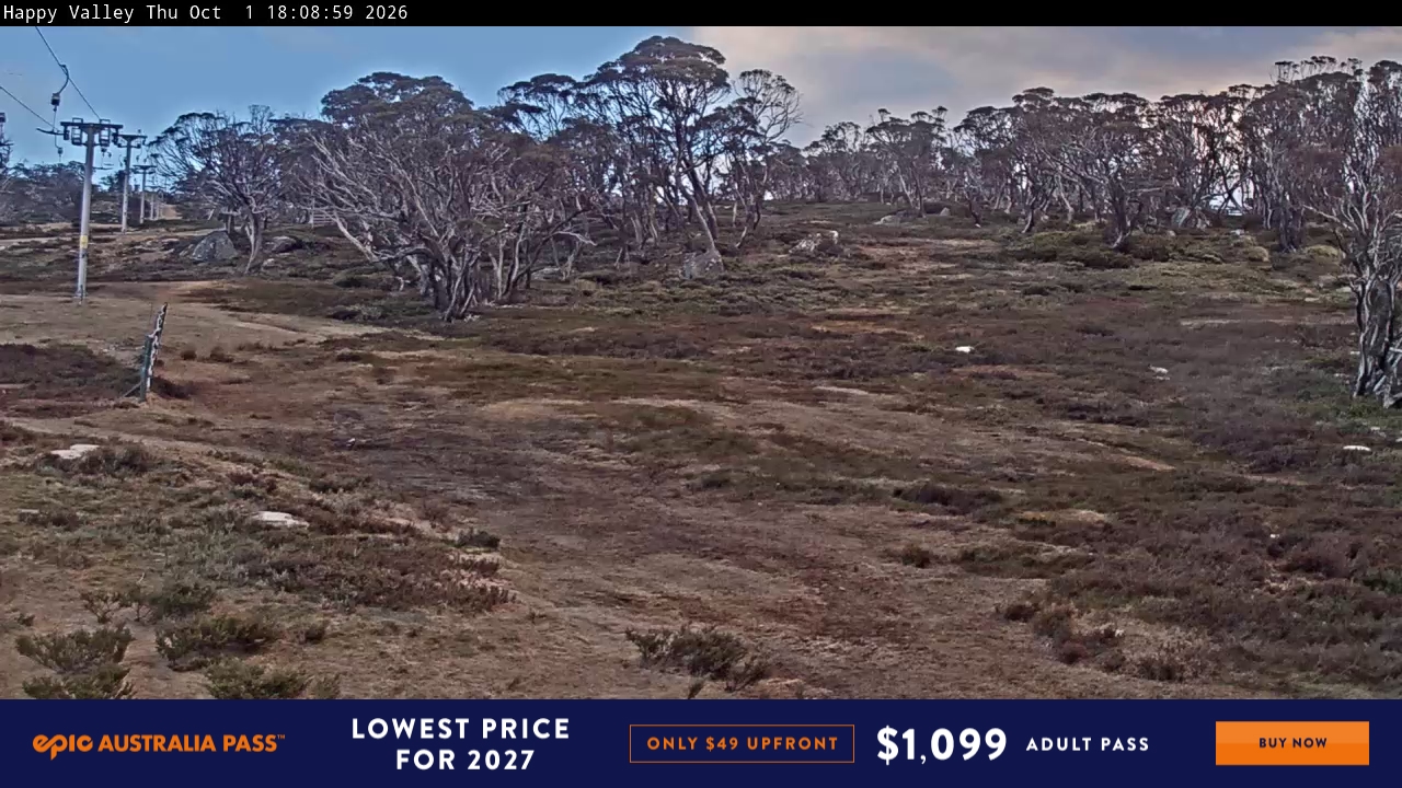 Perisher Happy Valley snow cam captured at 1 October 2026 at 6:17 pm AEST