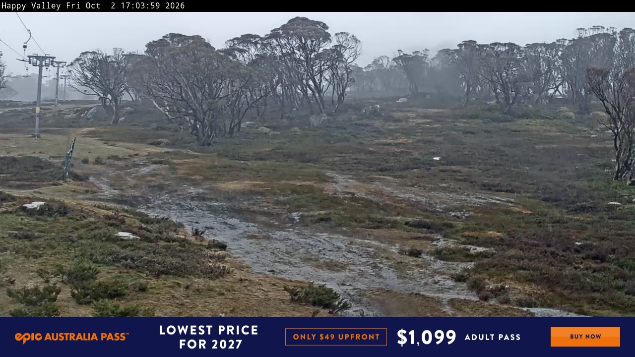 Perisher Happy Valley snow cam captured at 2 October 2026 at 5:06 pm AEST