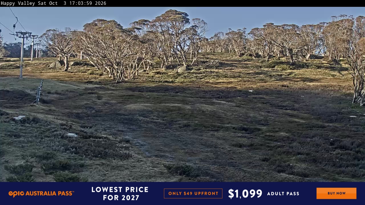 Perisher Happy Valley snow cam captured at 3 October 2026 at 5:08 pm AEST