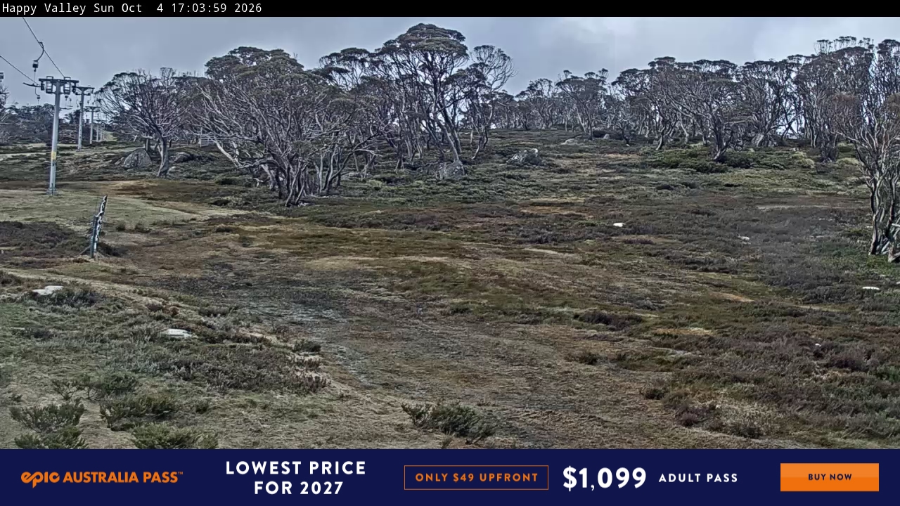 Perisher Happy Valley snow cam captured at 4 October 2026 at 5:13 pm AEDT