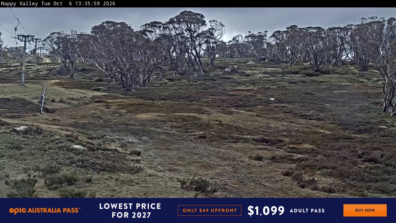 Perisher Happy Valley snow cam captured at 6 October 2026 at 1:36 pm AEDT