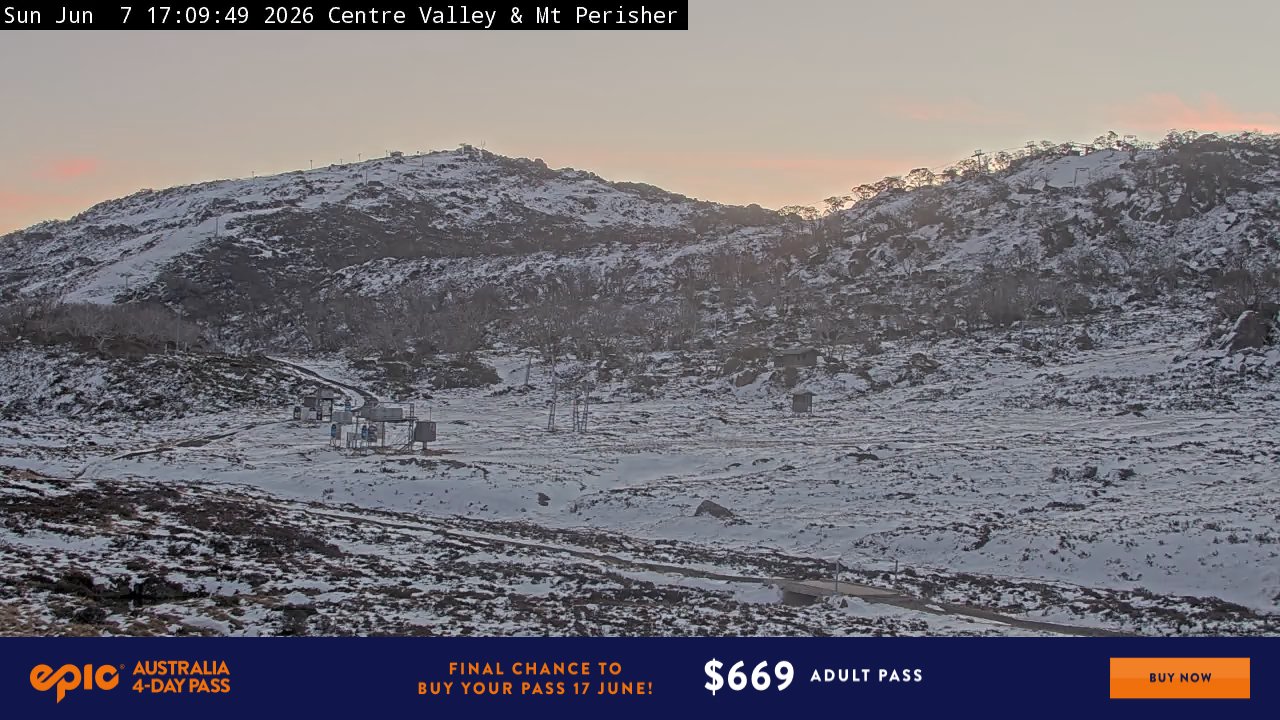 Perisher Centre Valley and Mt Perisher snow cam captured at 7 June 2026 at 11:05 pm AEST