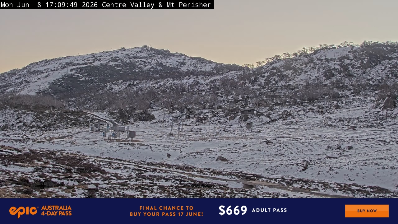 Perisher Centre Valley and Mt Perisher snow cam captured at 8 June 2026 at 5:20 pm AEST