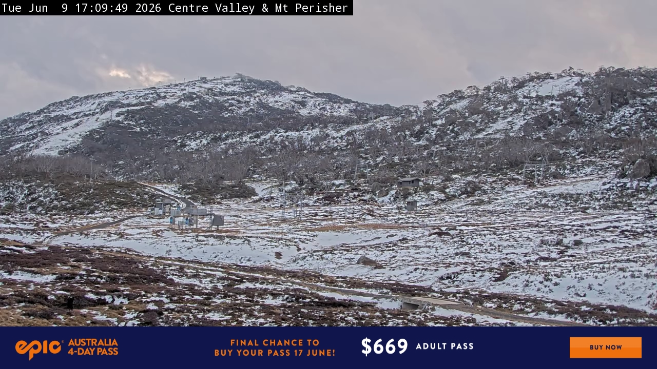 Perisher Centre Valley and Mt Perisher snow cam captured at 9 June 2026 at 5:11 pm AEST