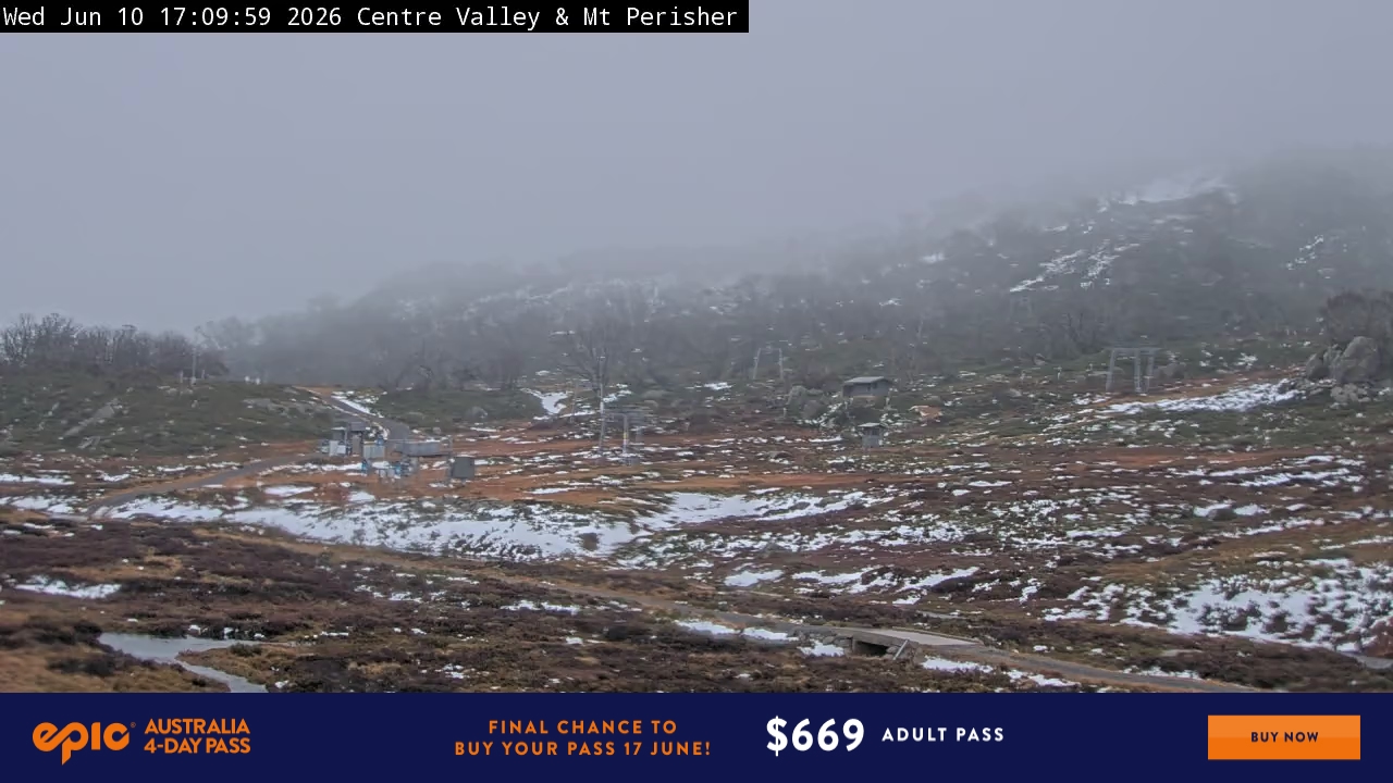 Perisher Centre Valley and Mt Perisher snow cam captured at 10 June 2026 at 6:02 pm AEST